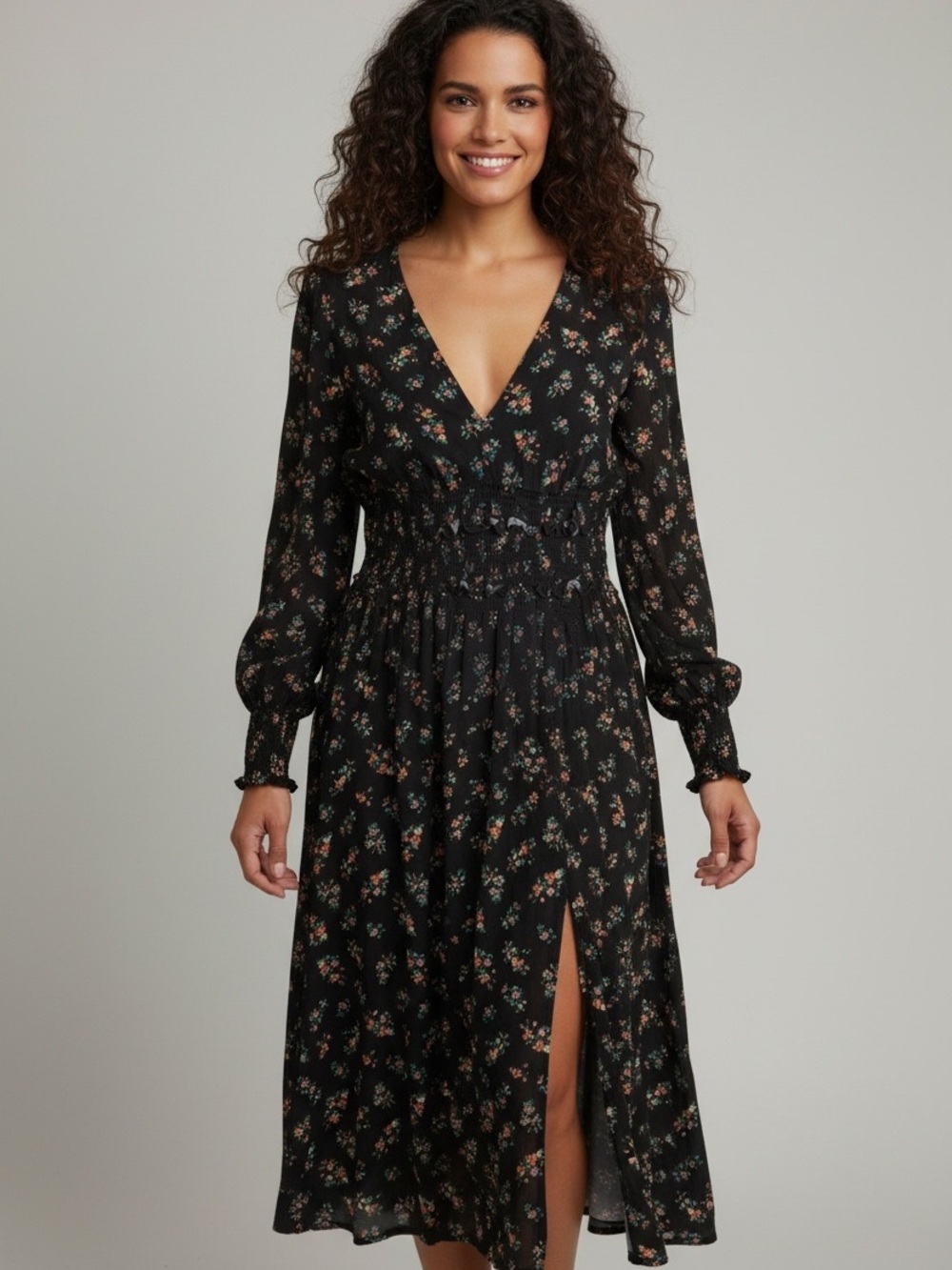 AFRM Black Floral Smocked Waist Long Sleeve Midi Maxi Dress XL